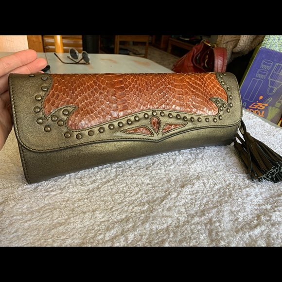 Statement boho leather and snakeskin clutch - Picture 3 of 15